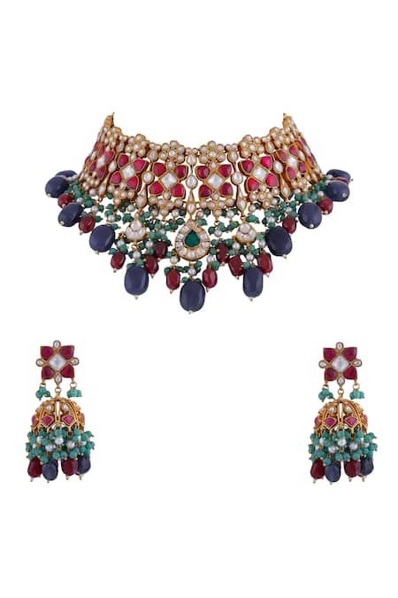 Riana Jewellery Blue Pearls, Crystals, Stones Phool Bahar Jadau Kundan And Embellished Choker Set Online at Aza Fashions Riana Jewellery_Blue Pearls, Crystals, Stones Phool Bahar Jadau Kundan And Embellished Choker Set _Online_at_Aza_Fashions