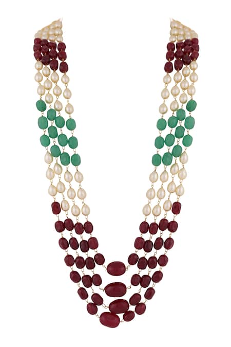 Riana Jewellery Jade Stone & Bead Embellished Long Layered Mala Necklace 