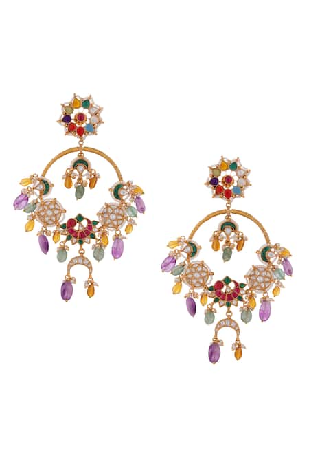 Shop_Riana Jewellery_Blue Beads, Diamonds Stone And Embellished Earrings _at_Aza_Fashions