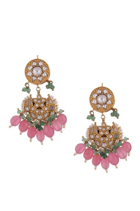 Shop Riana Jewellery Pink Beads, Diamonds Stone And Jadtar Embellished Earrings at Aza Fashions Shop_Riana Jewellery_Pink Beads, Diamonds Stone And Jadtar Embellished Earrings _at_Aza_Fashions