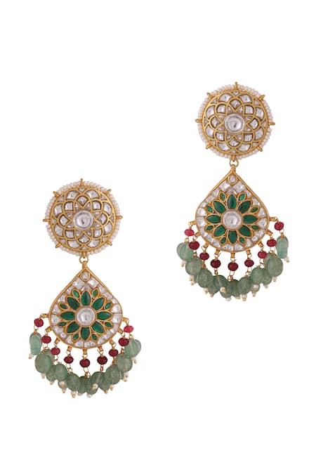 Shop Riana Jewellery Green Lace, Stones Floral Teardrop Embellished Earrings at Aza Fashions Shop_Riana Jewellery_Green Lace, Stones Floral Teardrop Embellished Earrings _at_Aza_Fashions