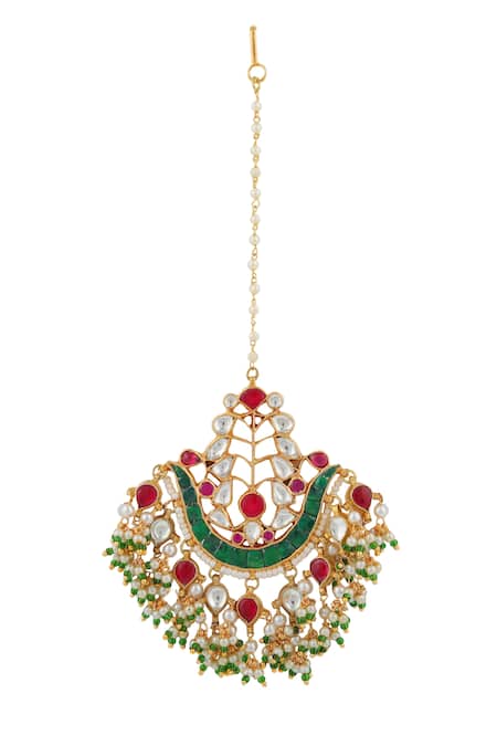 Shop Riana Jewellery Pink Jadtar Stone Embellished Maangtikka at Aza Fashions Shop_Riana Jewellery_Pink Jadtar Stone Embellished Maangtikka _at_Aza_Fashions