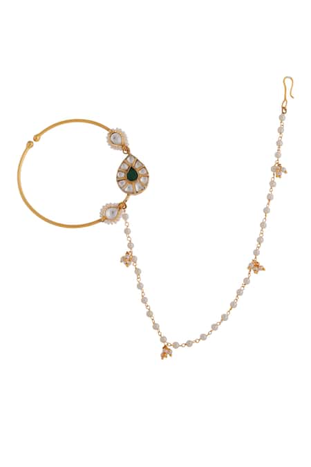 Shop Riana Jewellery Green Pearls, Stones Tear Drop Motif Nose Ring at Aza Fashions Shop_Riana Jewellery_Green Pearls, Stones Tear Drop Motif Nose Ring _at_Aza_Fashions