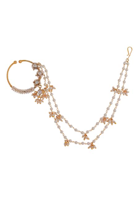 Shop Riana Jewellery White Pearls, Stones Layered Chain Nose Ring at Aza Fashions Shop_Riana Jewellery_White Pearls, Stones Layered Chain Nose Ring _at_Aza_Fashions
