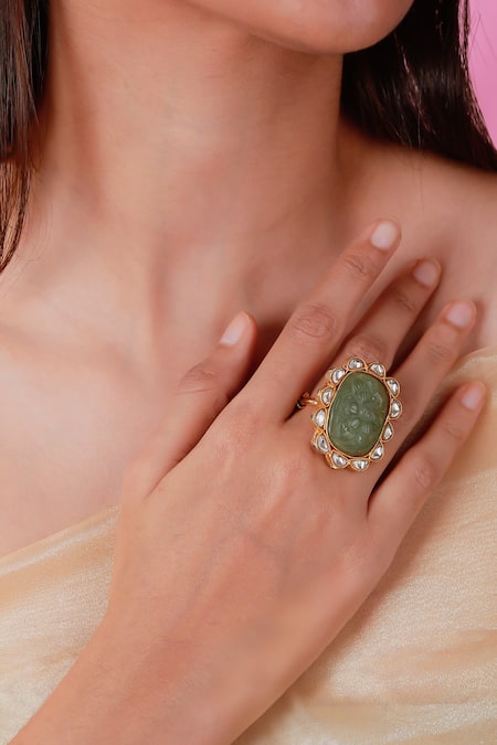 Riana Jewellery Green Stones Hand Carved Ring 