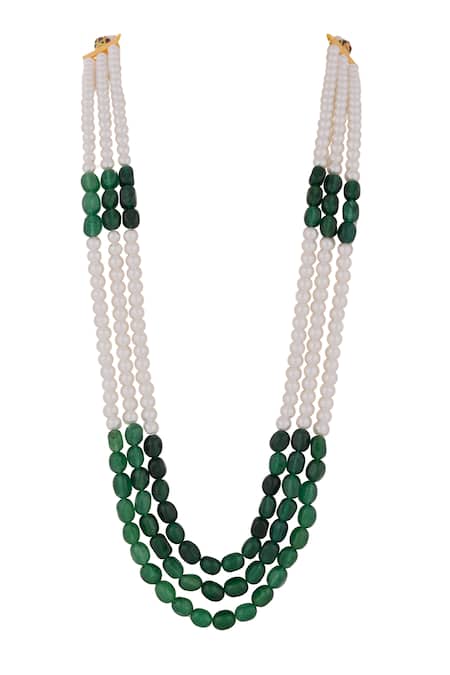 Shop Riana Jewellery Green Bead Embellished Three Layered Mala at Aza Fashions Shop_Riana Jewellery_Green Bead Embellished Three Layered Mala _at_Aza_Fashions
