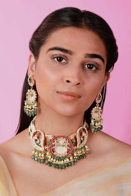 Shop Riana Jewellery Green Stones, Beads Peacock Carved Pendant Choker Set at Aza Fashions Shop_Riana Jewellery_Green Stones, Beads Peacock Carved Pendant Choker Set _at_Aza_Fashions