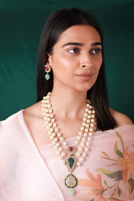 Riana Jewellery White Pearl Embellished Layered Pendant Necklace Set 