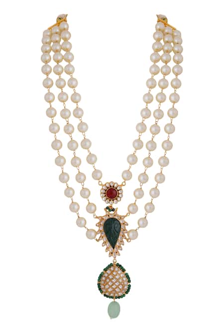 Riana Jewellery_White Pearls, Stones Embellished Layered Pendant Necklace Set _Online_at_Aza_Fashions