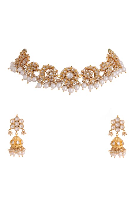 Riana Jewellery_White Beads, Diamonds Kundan Embellished Choker Set _Online_at_Aza_Fashions