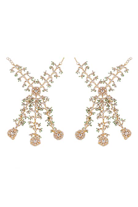 Shop_Riana Jewellery_Green Beads Embellished Layered Hathphool - Set Of 2 _at_Aza_Fashions
