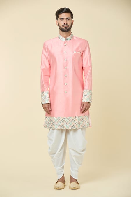 Arihant Rai Sinha Pink Silk Embroidery Placement Diamond Kurta With Dhoti Pant Online at Aza Fashions Arihant Rai Sinha_Pink Silk Embroidery Placement Diamond Kurta With Dhoti Pant _Online_at_Aza_Fashions