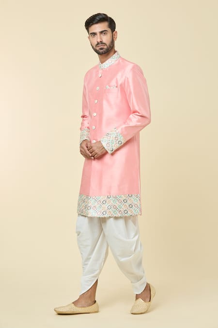 Buy Arihant Rai Sinha Pink Silk Embroidery Placement Diamond Kurta With Dhoti Pant Online at Aza Fashions Buy_Arihant Rai Sinha_Pink Silk Embroidery Placement Diamond Kurta With Dhoti Pant _Online_at_Aza_Fashions