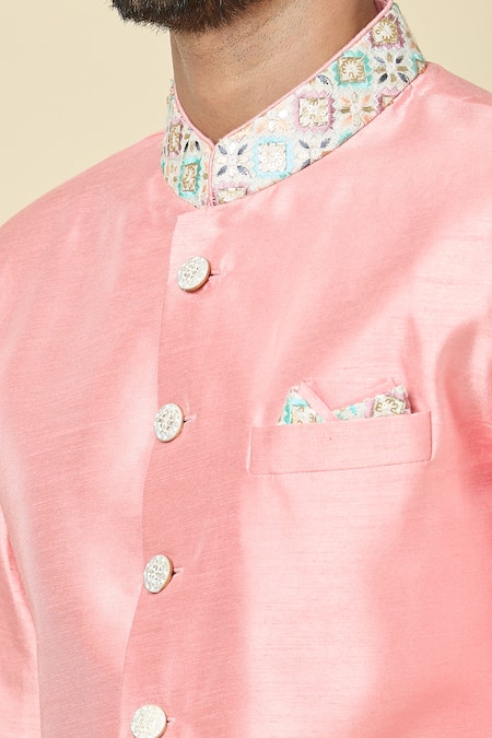 Shop Arihant Rai Sinha Pink Silk Embroidery Placement Diamond Kurta With Dhoti Pant Online at Aza Fashions Shop_Arihant Rai Sinha_Pink Silk Embroidery Placement Diamond Kurta With Dhoti Pant _Online_at_Aza_Fashions