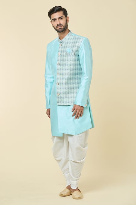 Shop Arihant Rai Sinha Blue Silk, Jacquard Placement Diamond Pattern Kurta With Dhoti Pant at Aza Fashions Shop_Arihant Rai Sinha_Blue Silk, Jacquard Placement Diamond Pattern Kurta With Dhoti Pant _at_Aza_Fashions
