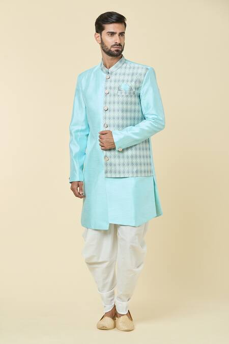 Buy Arihant Rai Sinha Blue Silk, Jacquard Placement Diamond Pattern Kurta With Dhoti Pant Online at Aza Fashions Buy_Arihant Rai Sinha_Blue Silk, Jacquard Placement Diamond Pattern Kurta With Dhoti Pant _Online_at_Aza_Fashions