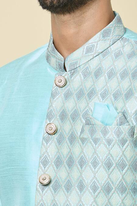 Shop Arihant Rai Sinha Blue Silk, Jacquard Placement Diamond Pattern Kurta With Dhoti Pant Online at Aza Fashions Shop_Arihant Rai Sinha_Blue Silk, Jacquard Placement Diamond Pattern Kurta With Dhoti Pant _Online_at_Aza_Fashions
