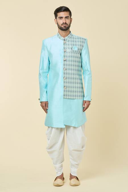 Arihant Rai Sinha Blue Silk, Jacquard Placement Diamond Pattern Kurta With Dhoti Pant at Aza Fashions Arihant Rai Sinha_Blue Silk, Jacquard Placement Diamond Pattern Kurta With Dhoti Pant _at_Aza_Fashions