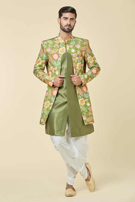 Arihant Rai Sinha Floral Print Attached Jacket Kurta With Dhoti Pant 