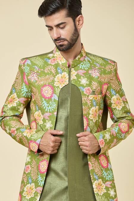 Shop Arihant Rai Sinha Green Silk, Cotton Embroidery Floral Print Attached Jacket Kurta With Dhoti Pant Online at Aza Fashions Shop_Arihant Rai Sinha_Green Silk, Cotton Embroidery Floral Print Attached Jacket Kurta With Dhoti Pant _Online_at_Aza_Fashions
