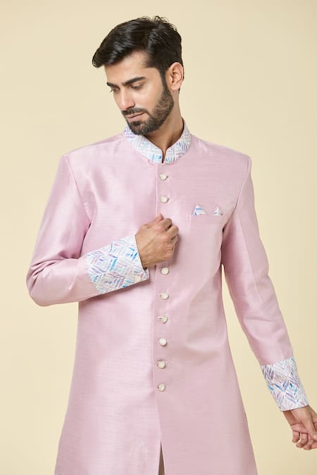 Shop_Arihant Rai Sinha_Pink , Satin Embroidery Placement Kurta With Peshwari Dhoti Pant _Online_at_Aza_Fashions