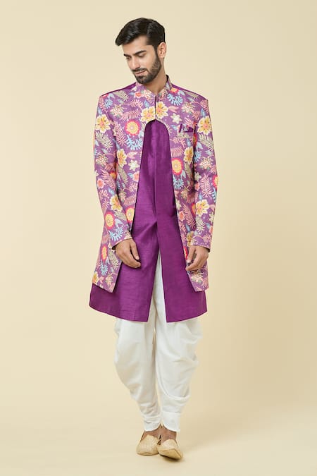 Buy_Arihant Rai Sinha_Purple Silk, Cotton Floral Garden Print Attached Jacket Kurta With Dhoti Pant _Online_at_Aza_Fashions