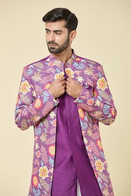 Shop_Arihant Rai Sinha_Purple Silk, Cotton Floral Garden Print Attached Jacket Kurta With Dhoti Pant _Online_at_Aza_Fashions