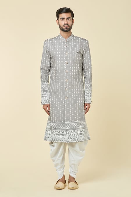 Buy_Arihant Rai Sinha_Grey , Satin Embroidery Floret Kurta With Dhoti Pant _Online_at_Aza_Fashions