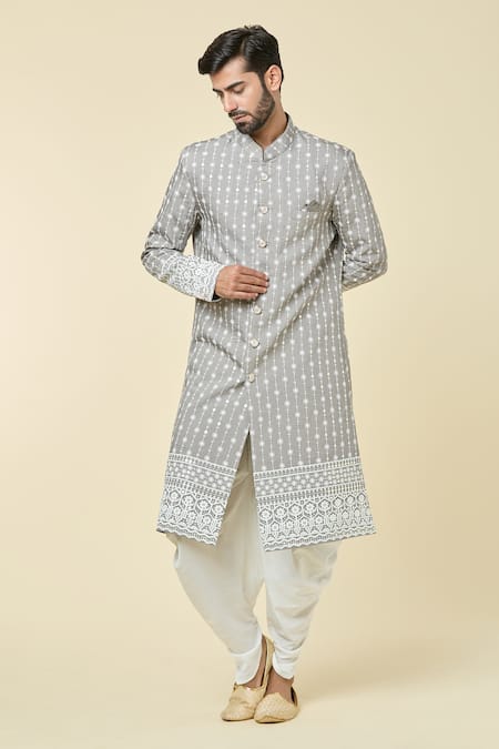 Shop_Arihant Rai Sinha_Grey , Satin Embroidery Floret Kurta With Dhoti Pant _Online_at_Aza_Fashions