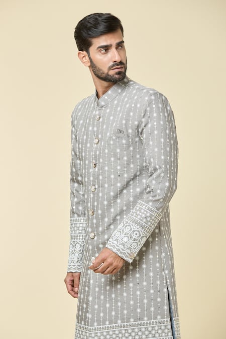 Arihant Rai Sinha_Grey , Satin Embroidery Floret Kurta With Dhoti Pant _at_Aza_Fashions