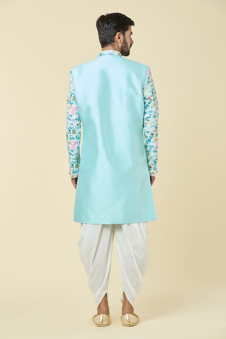 Shop Arihant Rai Sinha Blue Silk Placement Print Kurta With Dhoti Pant at Aza Fashions Shop_Arihant Rai Sinha_Blue Silk Placement Print Kurta With Dhoti Pant _at_Aza_Fashions