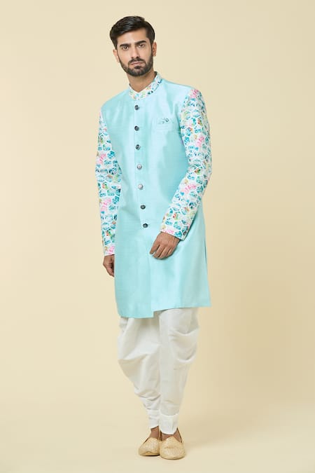 Shop Arihant Rai Sinha Blue Silk Placement Print Kurta With Dhoti Pant Online at Aza Fashions Shop_Arihant Rai Sinha_Blue Silk Placement Print Kurta With Dhoti Pant _Online_at_Aza_Fashions