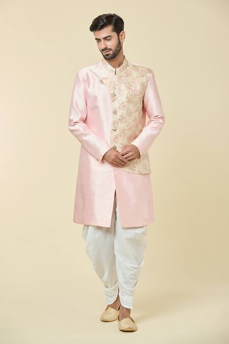 Shop Arihant Rai Sinha Pink Silk, Jacquard Flower Vine Pattern Mock Jacket Kurta With Dhoti Pant Online at Aza Fashions Shop_Arihant Rai Sinha_Pink Silk, Jacquard Flower Vine Pattern Mock Jacket Kurta With Dhoti Pant _Online_at_Aza_Fashions