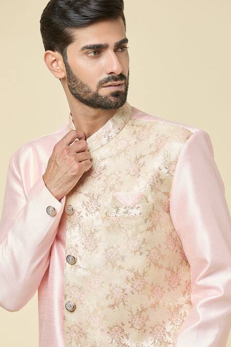 Arihant Rai Sinha Pink Silk, Jacquard Flower Vine Pattern Mock Jacket Kurta With Dhoti Pant at Aza Fashions Arihant Rai Sinha_Pink Silk, Jacquard Flower Vine Pattern Mock Jacket Kurta With Dhoti Pant _at_Aza_Fashions