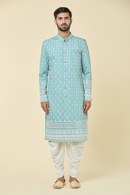 Buy_Arihant Rai Sinha_Blue Silk Embroidery Floral Star Kurta With Dhoti Pant _Online_at_Aza_Fashions