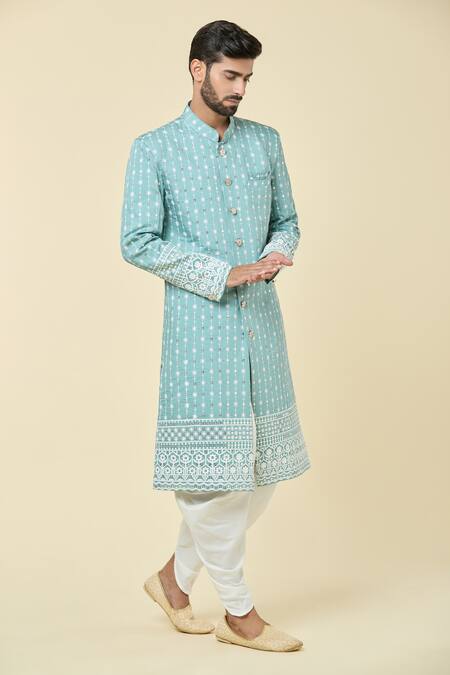 Shop_Arihant Rai Sinha_Blue Silk Embroidery Floral Star Kurta With Dhoti Pant _Online_at_Aza_Fashions