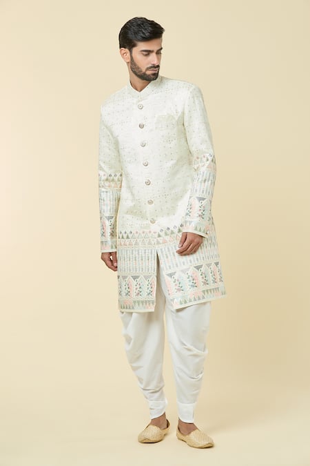 Shop Arihant Rai Sinha Cream Silk Embroidery Diamond Floral Kurta With Dhoti Pant Online at Aza Fashions Shop_Arihant Rai Sinha_Cream Silk Embroidery Diamond Floral Kurta With Dhoti Pant _Online_at_Aza_Fashions