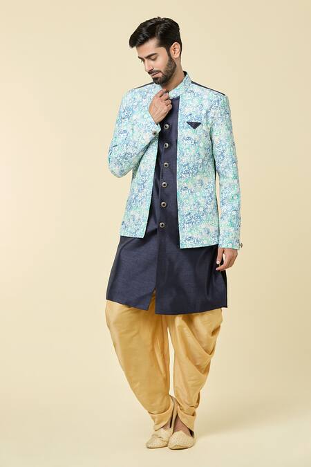 Buy_Arihant Rai Sinha_Blue Silk Sequins, Embroidery Two Tone Layered Kurta With Dhoti Pant _Online_at_Aza_Fashions