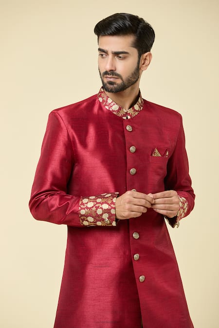 Shop Arihant Rai Sinha Maroon Silk Embroidery Placement Floral Pattern Kurta With Dhoti Pant Online at Aza Fashions Shop_Arihant Rai Sinha_Maroon Silk Embroidery Placement Floral Pattern Kurta With Dhoti Pant _Online_at_Aza_Fashions