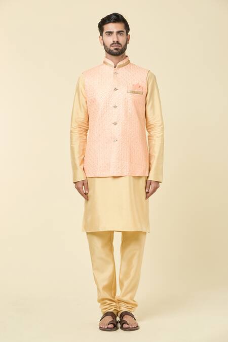 Shop Arihant Rai Sinha Peach Silk Sequins, Embroidery Bundi Set Online at Aza Fashions Shop_Arihant Rai Sinha_Peach Silk Sequins, Embroidery Bundi Set_Online_at_Aza_Fashions