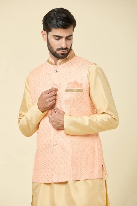 Arihant Rai Sinha Peach Silk Sequins, Embroidery Bundi Set at Aza Fashions Arihant Rai Sinha_Peach Silk Sequins, Embroidery Bundi Set_at_Aza_Fashions