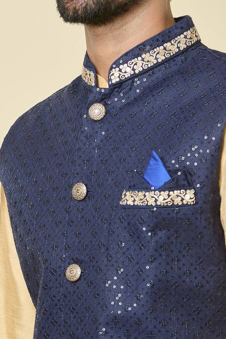 Buy Arihant Rai Sinha Blue Silk Sequins, Embroidery Bundi Kurta Set Online at Aza Fashions Buy_Arihant Rai Sinha_Blue Silk Sequins, Embroidery Bundi Kurta Set _Online_at_Aza_Fashions