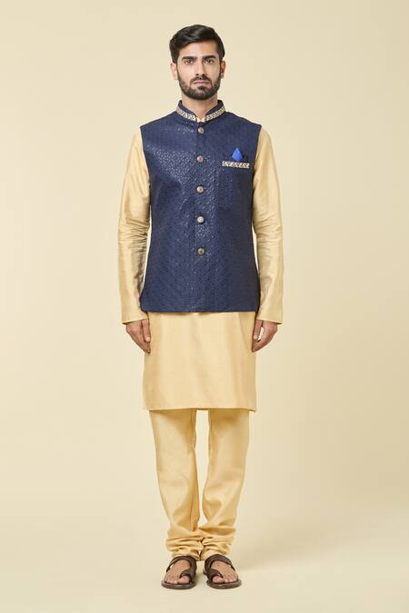 Shop Arihant Rai Sinha Blue Silk Sequins, Embroidery Bundi Kurta Set Online at Aza Fashions Shop_Arihant Rai Sinha_Blue Silk Sequins, Embroidery Bundi Kurta Set _Online_at_Aza_Fashions