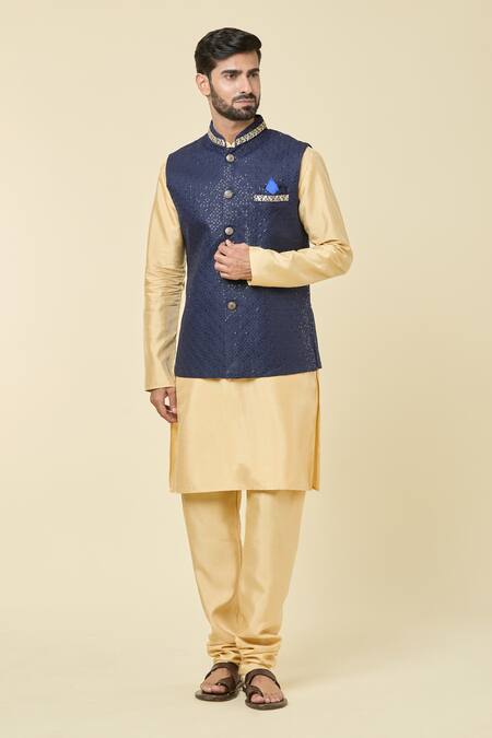 Arihant Rai Sinha Blue Silk Sequins, Embroidery Bundi Kurta Set at Aza Fashions Arihant Rai Sinha_Blue Silk Sequins, Embroidery Bundi Kurta Set _at_Aza_Fashions