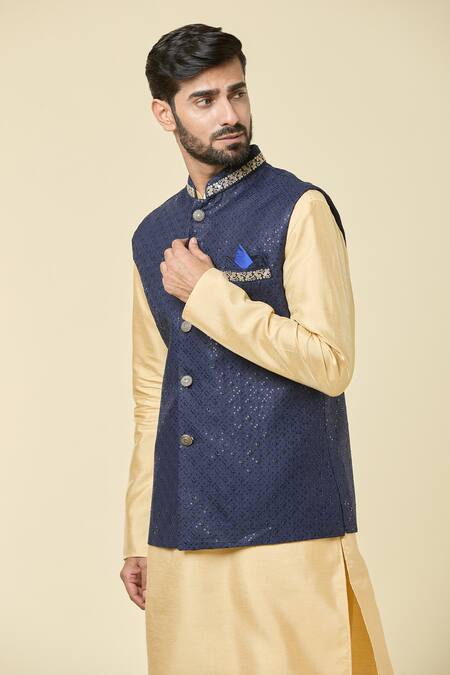 Buy Arihant Rai Sinha Blue Silk Sequins, Embroidery Bundi Kurta Set Buy_Arihant Rai Sinha_Blue Silk Sequins, Embroidery Bundi Kurta Set