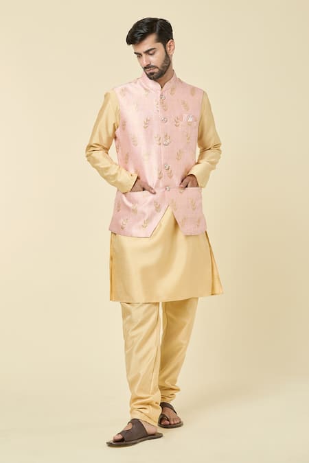 Shop Arihant Rai Sinha Pink Jacquard, Silk Woven Bundi Kurta Set Online at Aza Fashions Shop_Arihant Rai Sinha_Pink Jacquard, Silk Woven Bundi Kurta Set _Online_at_Aza_Fashions