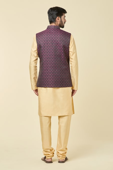 Shop Arihant Rai Sinha Wine Jacquard, , Satin Woven Bundi Kurta Set at Aza Fashions Shop_Arihant Rai Sinha_Wine Jacquard, , Satin Woven Bundi Kurta Set _at_Aza_Fashions