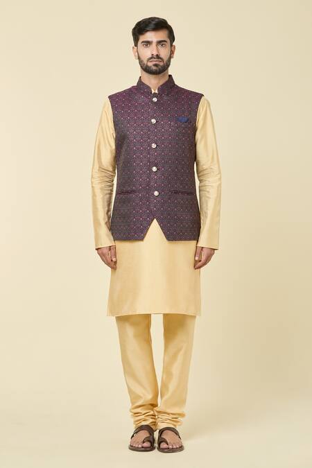 Shop Arihant Rai Sinha Wine Jacquard, , Satin Woven Bundi Kurta Set Online at Aza Fashions Shop_Arihant Rai Sinha_Wine Jacquard, , Satin Woven Bundi Kurta Set _Online_at_Aza_Fashions