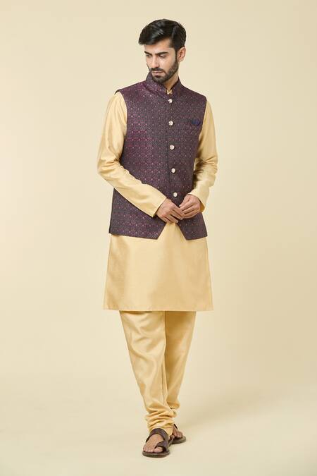 Arihant Rai Sinha Wine Jacquard, , Satin Woven Bundi Kurta Set at Aza Fashions Arihant Rai Sinha_Wine Jacquard, , Satin Woven Bundi Kurta Set _at_Aza_Fashions