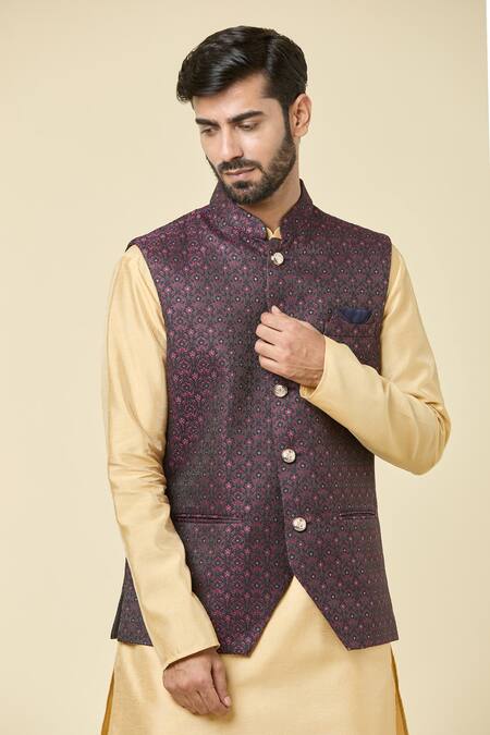 Buy Arihant Rai Sinha Wine Jacquard, , Satin Woven Bundi Kurta Set Buy_Arihant Rai Sinha_Wine Jacquard, , Satin Woven Bundi Kurta Set